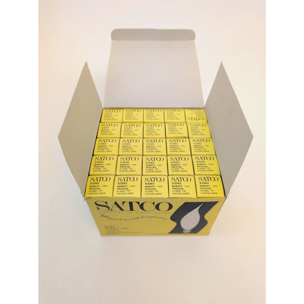 Case of 25 SATCO S3263 60W -120V Frosted Flame Tip Candelabra Bulb Small